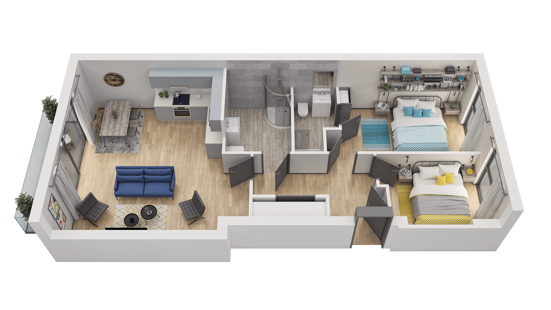 A detailed 3D floor plan to convey an apartment layout